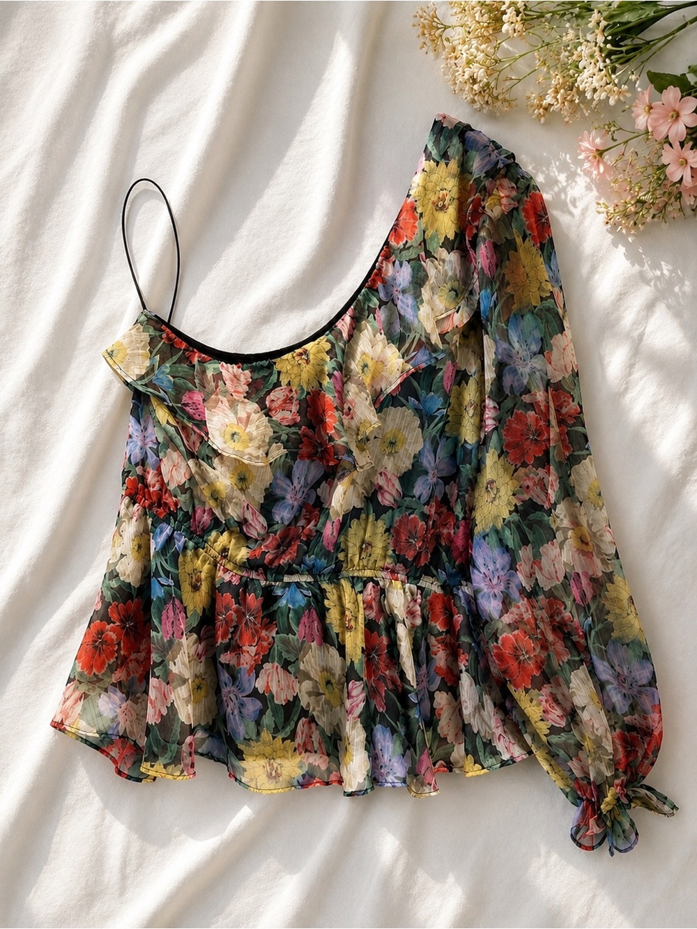 Aakaa One-Shoulder Sheer Floral Peplum Top - Black Multi